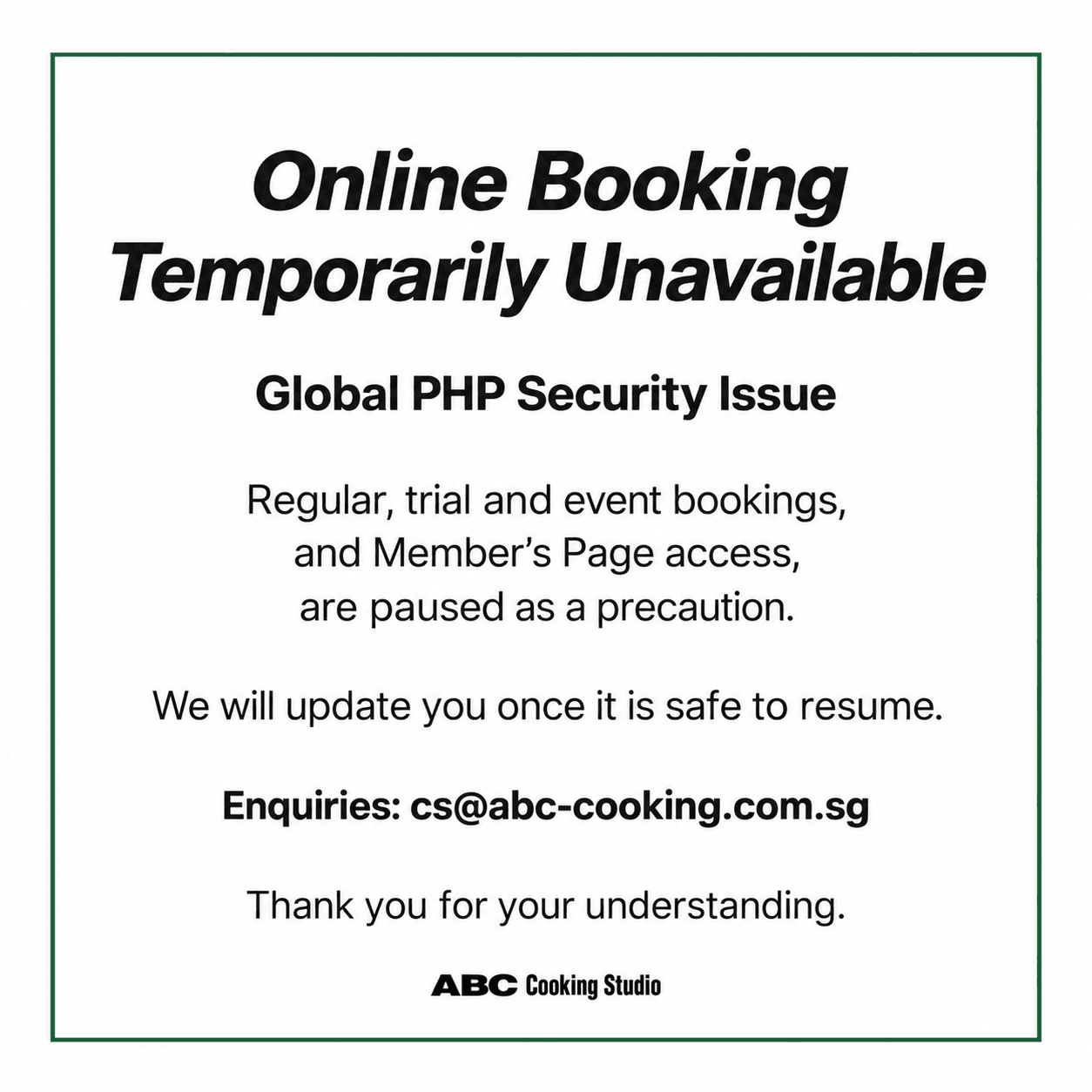 Temporary Suspension of Online Booking Services